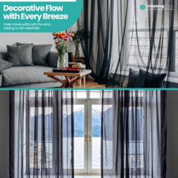 "Neel Blue Voile Curtains Slot Top, 2 Curtains, Black - 56"" Width X 81"" Drop" - thumbnail 7