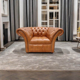 Chesterfield Armchair Buttoned Seat Old English Aniline Bruciato Leather In Balmoral Style - thumbnail 5
