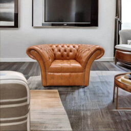 Chesterfield Armchair Buttoned Seat Old English Aniline Bruciato Leather In Balmoral Style - thumbnail 4