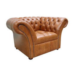 Chesterfield Armchair Buttoned Seat Old English Aniline Bruciato Leather In Balmoral Style - thumbnail 2