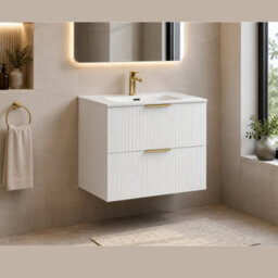 Impact Furniture Bathroom Vanity Unit With Basin 800mm Sink Cabinet White Ribbed Fluted Wall Hung With Drawers Adel - thumbnail 1