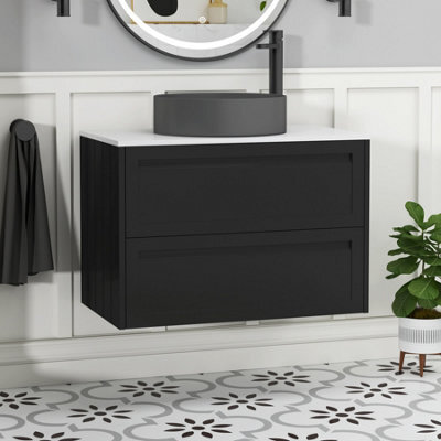 Royal Bathrooms Royal Bathroom Elmore 800mm Nocturne Black Wall Mounted Bathroom Vanity Unit 2 Drawer Plain White Worktop With Art Round Basin - image 1