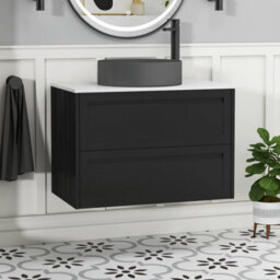 Royal Bathrooms Royal Bathroom Elmore 800mm Nocturne Black Wall Mounted Bathroom Vanity Unit 2 Drawer Plain White Worktop With Art Round Basin - thumbnail 1