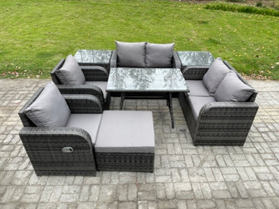 Fimous Wicker Pe Rattan Garden Dining Set Outdoor Furniture Sofa With Rectangular Dining Table 2 Side Tables Big Footstool - image 1
