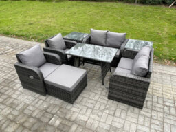 Fimous Wicker Pe Rattan Garden Dining Set Outdoor Furniture Sofa With Rectangular Dining Table 2 Side Tables Big Footstool - thumbnail 2