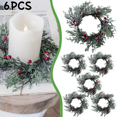 Amorly 6Pcs Christmas Candle Ring Wreaths, Artificial Pine Needle With Red Berries Flowers, Mini Garland Wreaths For Table Centrepiece - image 1