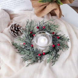 Amorly 6Pcs Christmas Candle Ring Wreaths, Artificial Pine Needle With Red Berries Flowers, Mini Garland Wreaths For Table Centrepiece - thumbnail 4