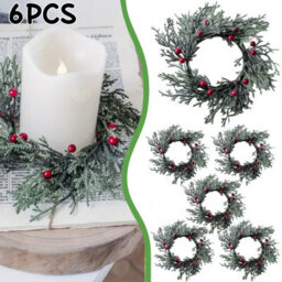 Amorly 6Pcs Christmas Candle Ring Wreaths, Artificial Pine Needle With Red Berries Flowers, Mini Garland Wreaths For Table Centrepiece - thumbnail 1