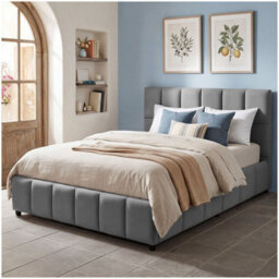 Tectake Upholstered Bed Set With Mattress, 2 Firmness Levels, 250 Kg 140 X 200 Cm -  30 Cm -  Dark Grey Velvet Look - thumbnail 1