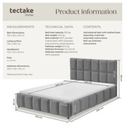 Tectake Upholstered Bed Set With Mattress, 2 Firmness Levels, 250 Kg 140 X 200 Cm -  30 Cm -  Dark Grey Velvet Look - thumbnail 6