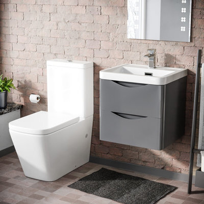 Nes Home Grey 500mm Wall Hung Vanity Basin Unit & Square Rimless Close Coupled Toilet - image 1