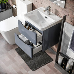 Nes Home Grey 500mm Wall Hung Vanity Basin Unit & Square Rimless Close Coupled Toilet - thumbnail 5