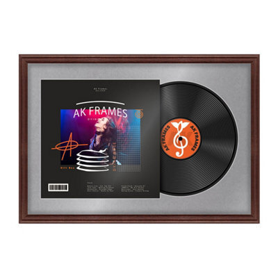 "AK Frames 25X17"" Rose Wood Classic Vinyl Record Frame With Mid Grey Mount For 12 Inch Lp Cover & Disc - Overlapped Design" - image 1
