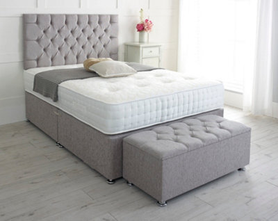 Adore Designs Chesterfield Chenille Divan Bed, With Pocket Mattress & Ottoman Storage Box - 4Ft6 Double - Light Grey - 2 Drawers Same Side