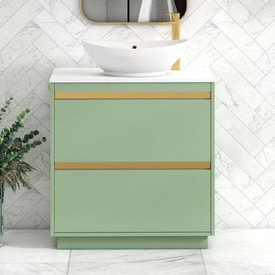 Royal Bathrooms Orion 800mm Mint Sage Floor Standing Plain White Countertop Vanity Unit 2 Drawer With Amaze Basin & Brushed Brass Accent Trim - image 1