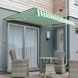 Primrose Awnings 2.5M X 2.0M Retractable Electric Half Cassette Green & White Awning Outdoor Patio Canopy - thumbnail 1
