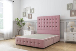 "Sloomy Berlin Pink Plush Divan Bed Base 2 Drawers Left Side-26"" Strutted Headboard & 12"" Footboard 4' Small Double"