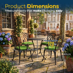 Homeology Oshowa Garden And Patio Table And 4 Large Chairs With Armrests Cast Aluminium Bistro Set - Green Cushions - thumbnail 9