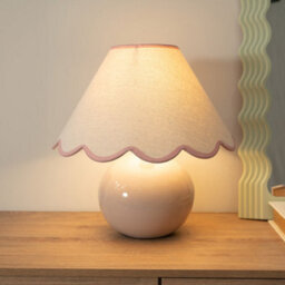 Valuelights Bosco Stone Natural Ceramic Table Lamp With Pink Trim Scallop Shade
