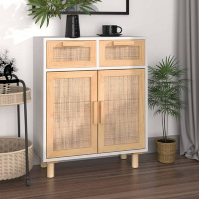 Berkfield Sideboard White 60X30X75 Cm Solid Wood Pine And Natural Rattan - image 1