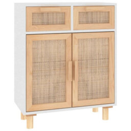 Berkfield Sideboard White 60X30X75 Cm Solid Wood Pine And Natural Rattan - thumbnail 2