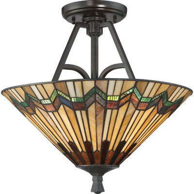 Elegant 2 Bulb Tiffany Style Semi Flush Mount Light Fixture With Valiant Bronze Finish