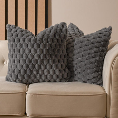 OHS 2 Pack Waffle Faux Fur Cushion Covers, Charcoal - 45 X 45Cm - image 1