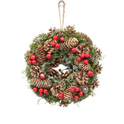 Urbn-Living Urbnliving 25Cm Brown Red Berries Christmas Wreath Festive Decoration With Jute Hanger Traditional Pinecone Décor