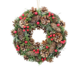 Urbn-Living Urbnliving 25Cm Brown Red Berries Christmas Wreath Festive Decoration With Jute Hanger Traditional Pinecone Décor - thumbnail 4