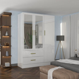 Sliding Wardrobes 4 u LTD Modern High Gloss And Mirror 3 Door Hinged Wardrobe With Hanging Rail And Storage Shelves - (White,116Cm) - thumbnail 1