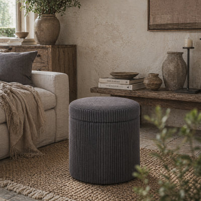 Wyld Haus Yoluha Round Grey Corduroy Storage Footstool With Removable Lid - 40Cm - image 1