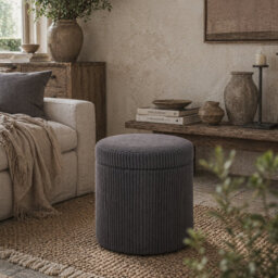Wyld Haus Yoluha Round Grey Corduroy Storage Footstool With Removable Lid - 40Cm - thumbnail 1