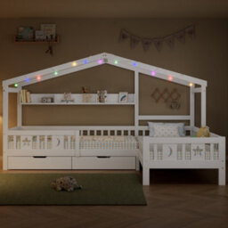 Matteo Single Tree-House Wooden Bed Frame With Led Strip & Storage Drawers - White - thumbnail 2