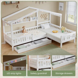 Matteo Single Tree-House Wooden Bed Frame With Led Strip & Storage Drawers - White - thumbnail 6