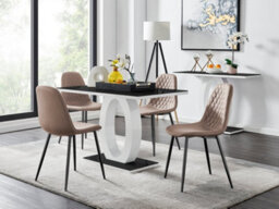 Furniturebox Giovani Rectangular 4 Seat White High Gloss Unique Halo Dining Table Black Glass Top 4 Beige Faux Leather Black Leg Corona Chairs