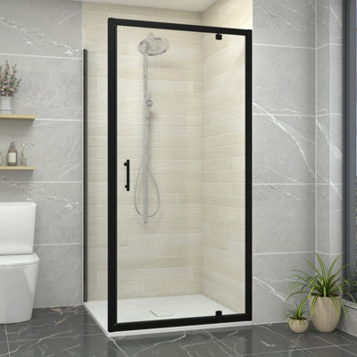 Sundaze 1000mm Pivot Door Shower Enclosure Matt Black Framed 1000mm With Side Panel, White Slate Effect Shower Tray & Waste - image 1