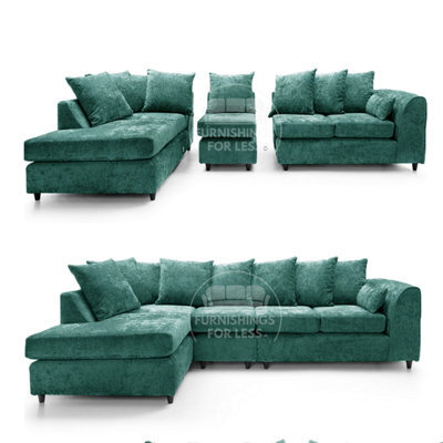 Furnishings For Less UK Monaco Chenille Fabric 5 Seater L Shaped Corner Sofa Teal Left Hand Facing