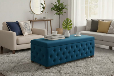 90Cm Wide Empire Ottoman Storage Box With Legs, Emerald Green Velvet Chesterfield Upholstered Ottoman Footstool Coffee Table - image 1