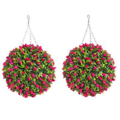 Pair Of Best Artificial 38Cm Pink Lush Tulip Hanging Basket Flower Topiary Ball - Weather & Fade Resistant - image 1