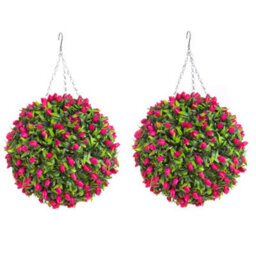 Pair Of Best Artificial 38Cm Pink Lush Tulip Hanging Basket Flower Topiary Ball - Weather & Fade Resistant