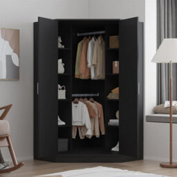 Reflect 2 Door Corner Wardrobe - Black Gloss & Black Oak - 2 Hanging Rails & 8 Shelves - H: 180Cm X W: 103Cm - Modern Design - thumbnail 4