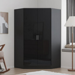 Reflect 2 Door Corner Wardrobe - Black Gloss & Black Oak - 2 Hanging Rails & 8 Shelves - H: 180Cm X W: 103Cm - Modern Design - thumbnail 3
