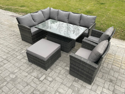 Fimous Outdoor Garden Furniture Set Wicker Pe Rattan Height Adjustable Rising Lifting Table Sofa Dining Set With Big Footstool - image 1