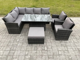 Fimous Outdoor Garden Furniture Set Wicker Pe Rattan Height Adjustable Rising Lifting Table Sofa Dining Set With Big Footstool - thumbnail 2