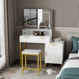 Kosy Koala Dressing Table Set With Led Mirror, Storage Cabinet And Stool, White And Gold For Bedroom