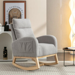 Abrihome Mid Century Modern Teddy Fabric Upholstered Rocking Chair Padded Seat For Living Room Bedroom, Light Grey - thumbnail 4