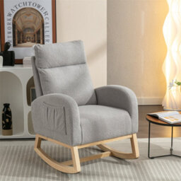 Abrihome Mid Century Modern Teddy Fabric Upholstered Rocking Chair Padded Seat For Living Room Bedroom, Light Grey - thumbnail 6