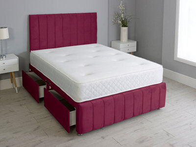 Comfy Deluxe 5Ft King Panel Maroon Plush Divan Bed Set Headboard & Footboard 0 Drawers - image 1