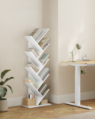 LEDREM 9-Tier Bookcase, Space-Saving Corner Shelf, Floor Standing Bookshelf For Home Office, Bedroom, Living Room, White