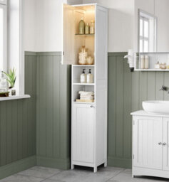 Tall Bathroom Cabinet With Lights, Slim Bathroom Storage Cabinet, Freestanding Narrow Storage Unit, Modern, Cloud White